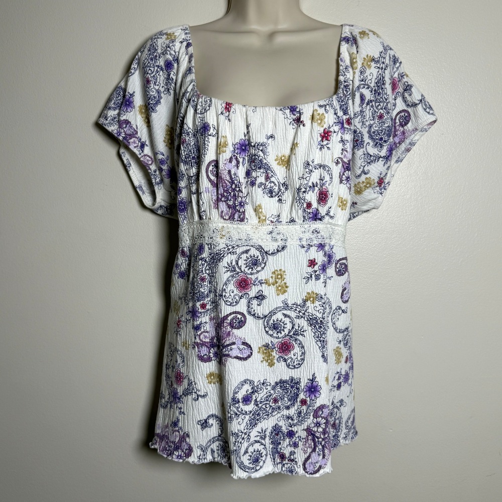 Dressbarn Woman Purple Paisley Floral‎ Crochet Lace Tie Back Tunic Top 14/16